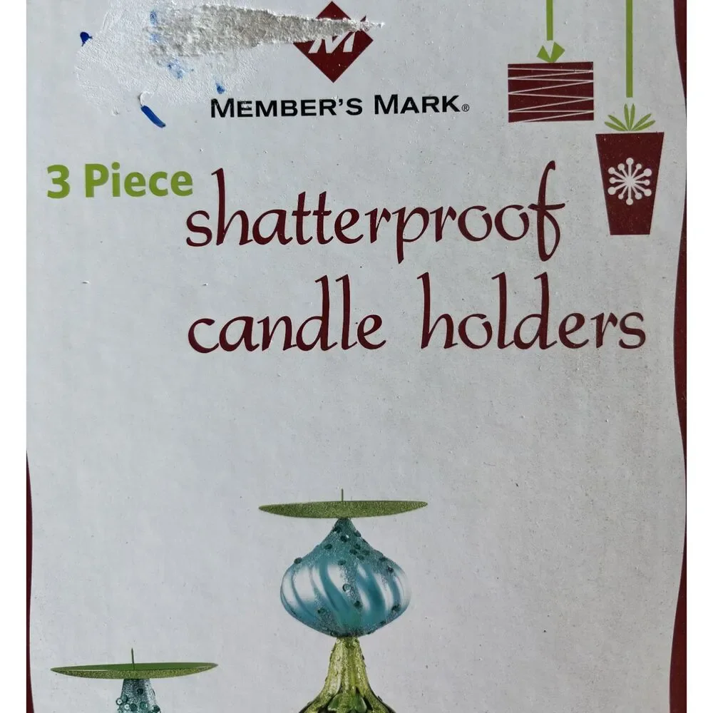 Member's Mark 3 Piece Shatterproof Candle Holders Glitter Christmas Decor NIB